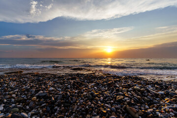 Mesmerizing Sea Sunset View With Pebble Beach..