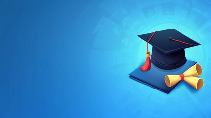 illustration of degree hat with diploma on blue background and copy space