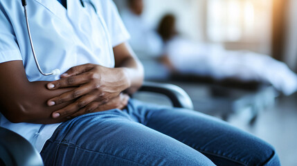 Obraz premium Person experiencing abdominal pain, clutching stomach and looking distressed. Health and wellness awareness, emphasizing the importance of medical attention and self-care