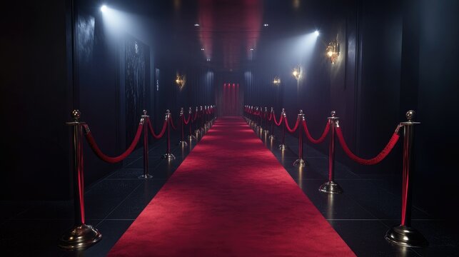 Elegant Red Carpet Entrance Leading to a Glamorous Event with Dramatic Lighting and Velvet Ropes Creating an Exclusive Atmosphere for Guests