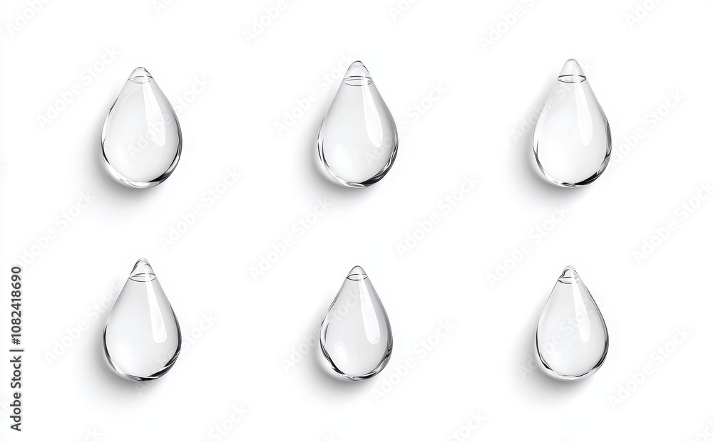 Poster modern realistic set of liquid droplets of different shapes isolated on transparent background. clea