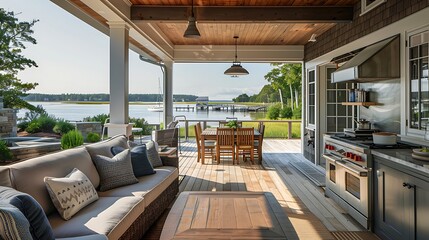 Fototapeta premium A serene outdoor patio with a view of the water, featuring comfortable seating and a dining area.