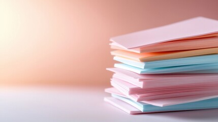 A stack of colorful papers with pink, orange, and yellow sheets