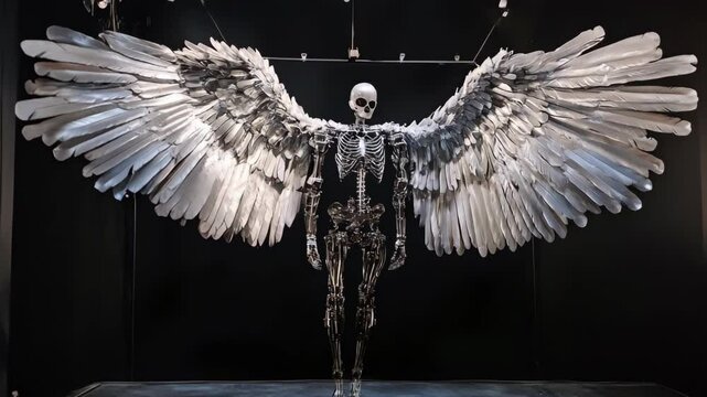 Metallic angel skeleton stands still with open wings against a black background, showcasing a striking art installation that blends contemporary design with gothic elements