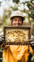 Beekeeper in protective gear happily holding honeycomb frame with bees