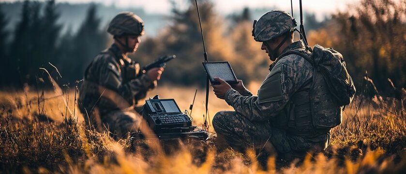 Soldiers communicating in a sunlit field using handheld devices during training exercises in a serene outdoor environment