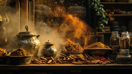 A Vibrant Display of Exotic Spices in an Old World Market Setting with Rich Textures, Colors, and Decorative Elements, Invoking the Senses of Culinary Adventure