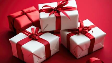 Obraz premium Festively Wrapped Gifts on a Red Background Showcasing Elegant White and Red Packaging with Beautiful Ribbons for Holiday Celebrations and Special Occasions