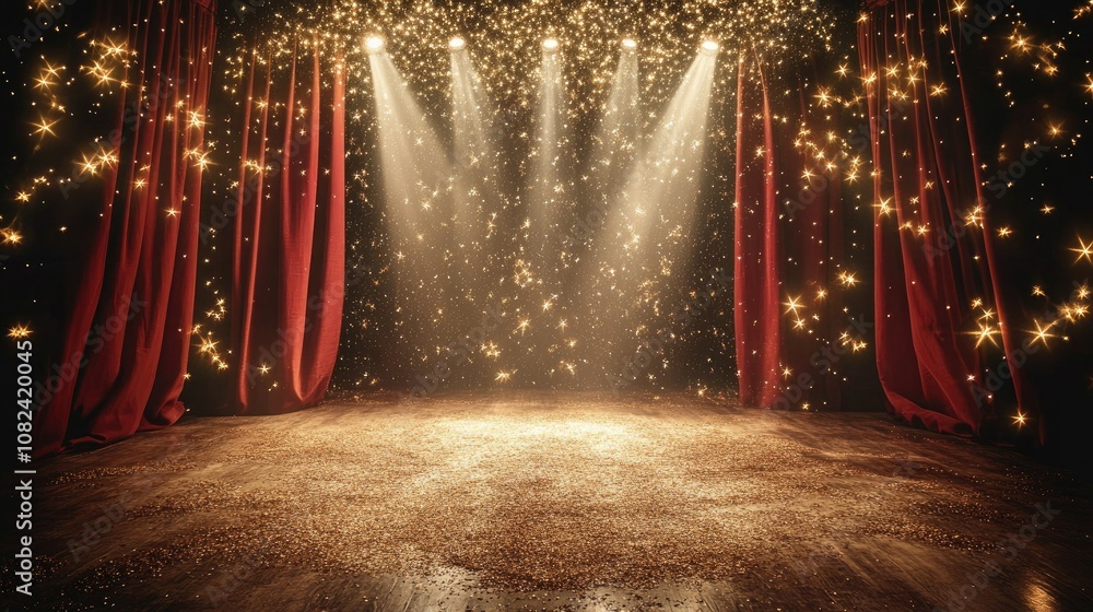 Poster sparkling stage with red curtains and bright lights creating a magical atmosphere for performances a