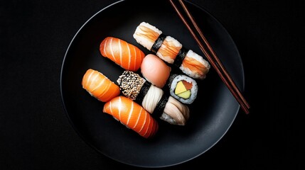 Assorted sushi platter with nigiri, sashimi, and rolls arranged on a black plate with wooden chopsticks on a black background