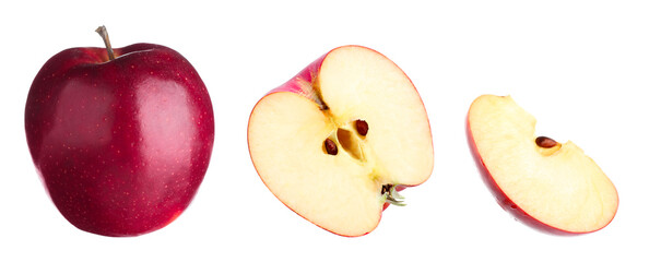 Whole and sliced red apple isolated on white