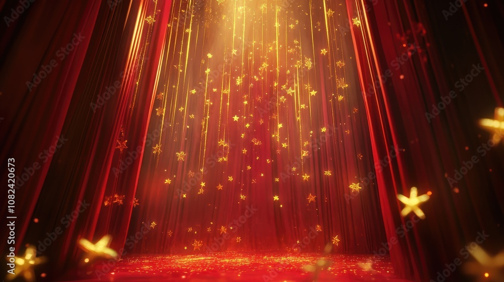 Aufkleber enchanted stage with golden star lights and red curtains creating a magical atmosphere for performan