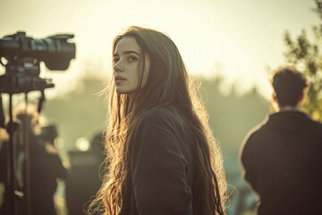 Young woman with long brown hair, standing on a film set with her back to the camera, directing the action with the crew, soft lighting and a calm environment 1