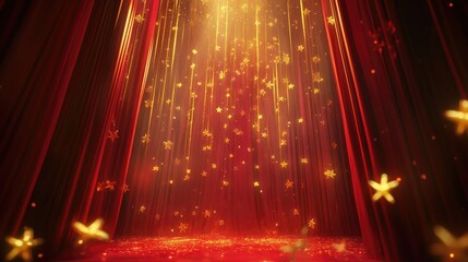 Enchanted Stage with Golden Star Lights and Red Curtains Creating a Magical Atmosphere for Performance or Event