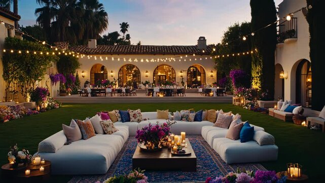 A large, white sectional sofa sits on a lush green lawn with string lights and flowers in the background