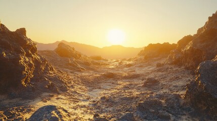 Obraz premium Golden Sunset Over Rugged Rocky Landscape with Mountain Silhouettes, Illuminating Textures and Natural Beauty During Twilight Hours in the Wilderness