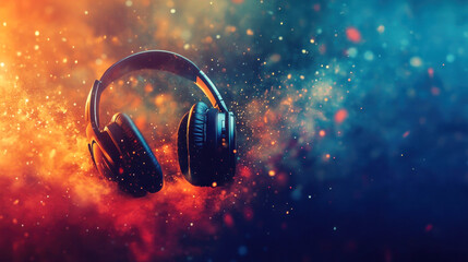 Headphones against a background of colorful smoke with shimmering particles
