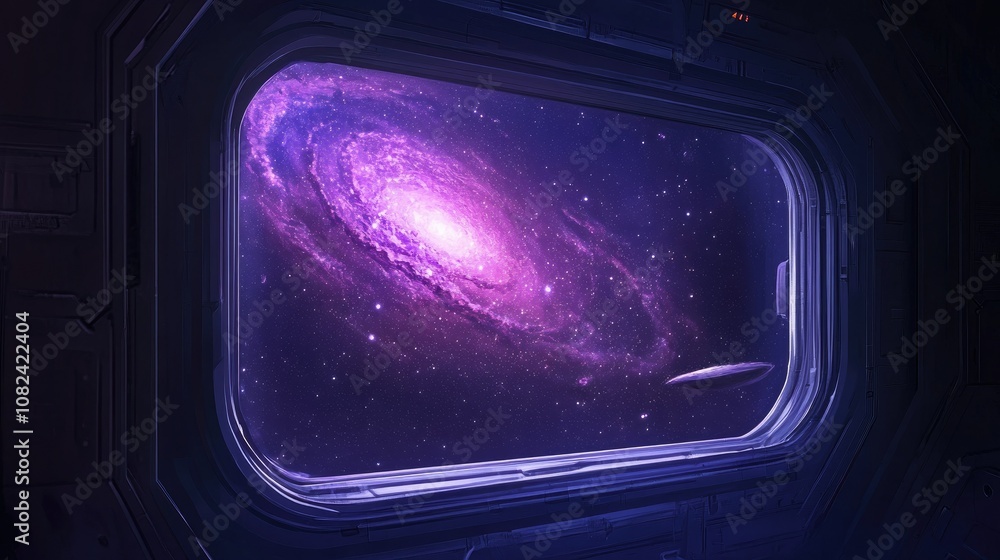 Poster spectacular view of a colorful spiral galaxy through a futuristic spacecraft window illuminated by s