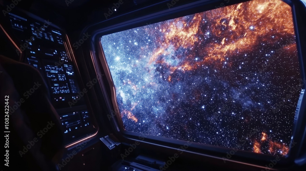 Poster stunning view of a beautiful nebula from a spacecraft window illuminated by cosmic colors and starry