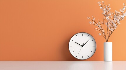 A white clock sits on a table next to a vase of flowers