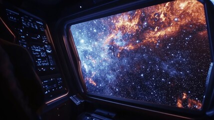 Stunning View of a Beautiful Nebula from a Spacecraft Window Illuminated by Cosmic Colors and Starry Background in a Futuristic Setting