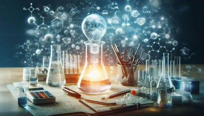 Chemistry lab with test tubes, beakers, and floating molecular formulas, capturing the essence of scientific discovery and experimentation