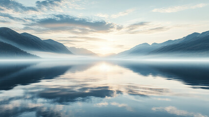 Calm lake at sunrise, soft reflections on the water, misty mountains in the distance, and a wide area of clear sky for copy space.