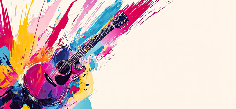 Colorful guitar and multicolored paint splashes on white background