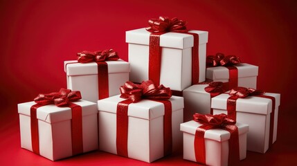 A Beautiful Arrangement of White Gift Boxes with Red Ribbons Set Against a Festive Red Background for Holiday Celebrations and Special Occasions
