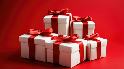 Obraz premium Collection of White Gift Boxes with Red Ribbons Against a Bold Red Background, Perfect for Celebrations and Festive Occasions