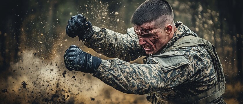A soldier in camouflage exerts intense effort while training in a wooded area, showcasing determination during an obstacle course exercise