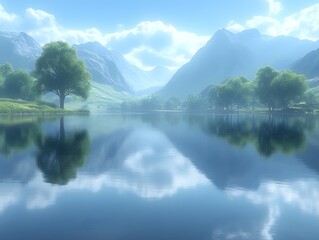 Serene landscape with mountains and a reflective lake under a blue sky.