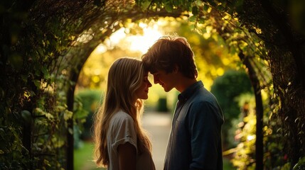 Fototapeta premium Capturing a Timeless Moment: Young Lovers Under Garden Archway with Forehead Touch in Sunlight Through Trees
