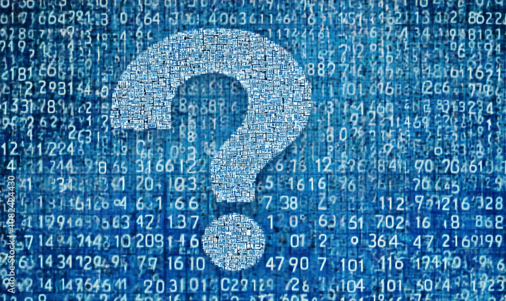 Aufkleber A question mark made of numbers sits in front of a blue background of random numbers