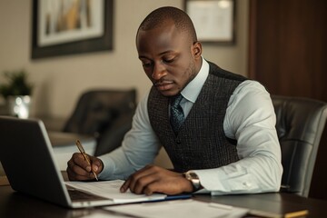 Fototapeta premium Black businessman with a confident expression, sitting at his office desk, signing a major business agreement with a pen, surrounded by paperwork and a laptop 1