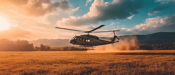 Military helicopter maneuvers in a dramatic landscape during overcast conditions
