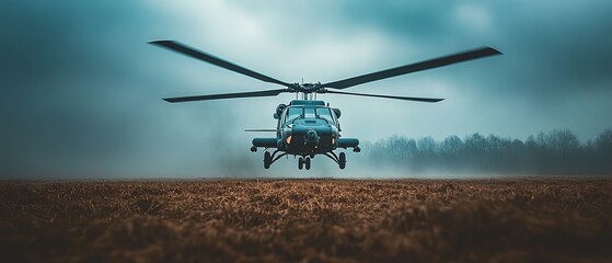 Fototapeta premium Military helicopter maneuvers in a dramatic landscape during overcast conditions