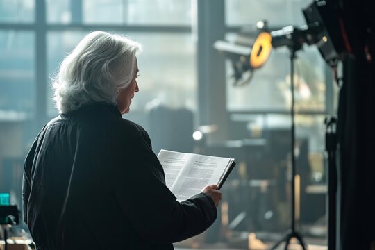 Back view of an older woman with gray hair, directing a film set, holding a script and wearing a black jacket, soft natural light filtering through the windows 2