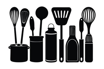 Minimalist Kitchen Utensils Silhouette Vector Set - Cookware, Black & White Outline Icons, Flat Culinary Design