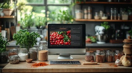 Cooking School Website Monitor Mockup with Spices and Chef's Hat. Generative AI