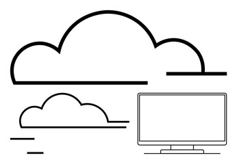Large cloud, small cloud, and computer monitor in minimalistic line art. Ideal for technology, cloud storage, data management, online services, computing digital assets web hosting. Line metaphor