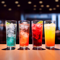 Several glasses of sweet soda, different colors, Sweet water, fruit juice, beautiful color.