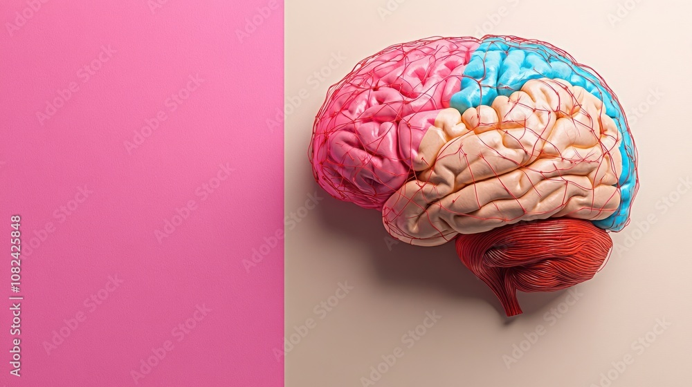 Poster colorful brain model showcasing different regions and functions.