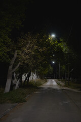 Night city landscape, village houses, road, sky and trees on a summer evening