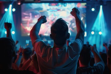 e sport EVENT live streamingA cheering crowd at an esports event, illuminated by colorful lights, celebrating a thrilling match displayed on a large screen.
