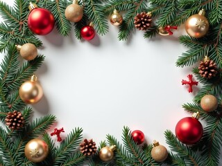 Evergreen branches surround a blank space, adorned with red and gold ornaments, pine cones, and small festive accents, creating a cozy holiday atmosphere. Copyspace