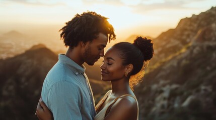 Embracing Love at Sunset: Diverse Couple's Intimate Touch on Mountain Top Overlooking Vast Landscape