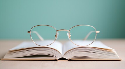 A pair of glasses is sitting on top of an open book