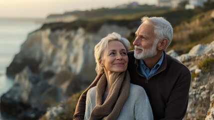 Serene Seniors: Enjoying a Quiet Sunrise on a Dramatic Seaside Cliff