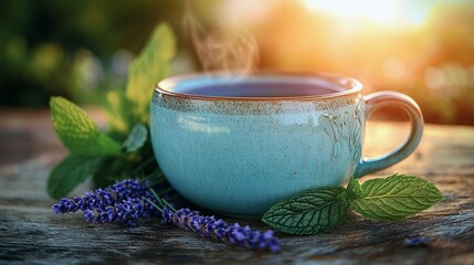 Lavender and Mint Tea on Rustic Table at Golden Hour